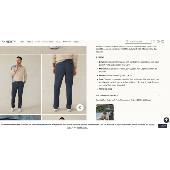 Faherty Coastline Stretch Chinos Pants Slate Blue Tencel Tailored 32 x 34 - Picture 13 of 14